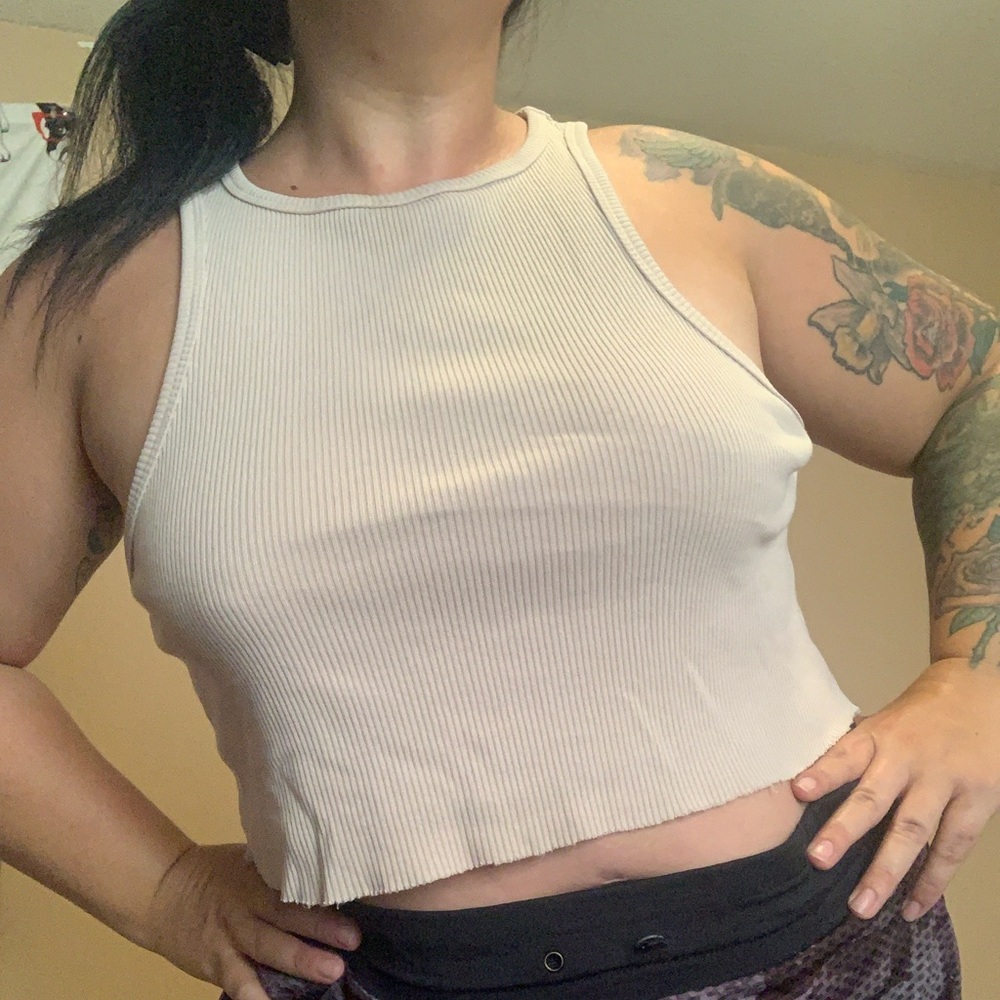 AGOLDE beige cream ribbed crop racer tank top
